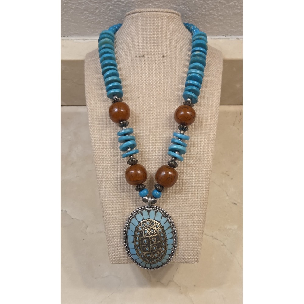 Vintage Tibetan Style Turtle Shell Faux Turquoise Bead Inlay Necklace Adjustable